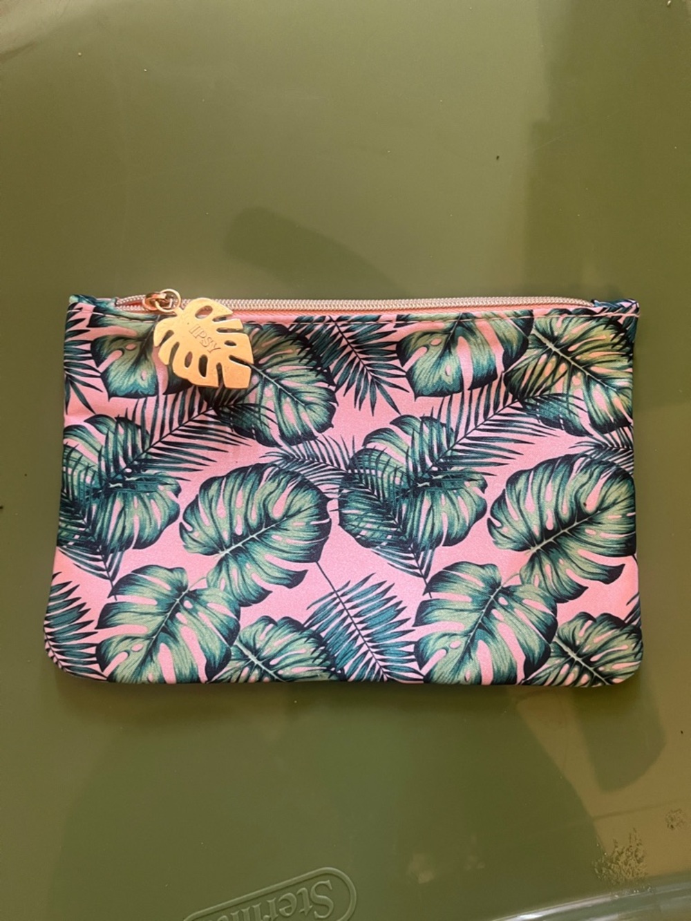 ipsy Pink Tropical Leaf Cosmetic Pouch with Gold Leaf Charm